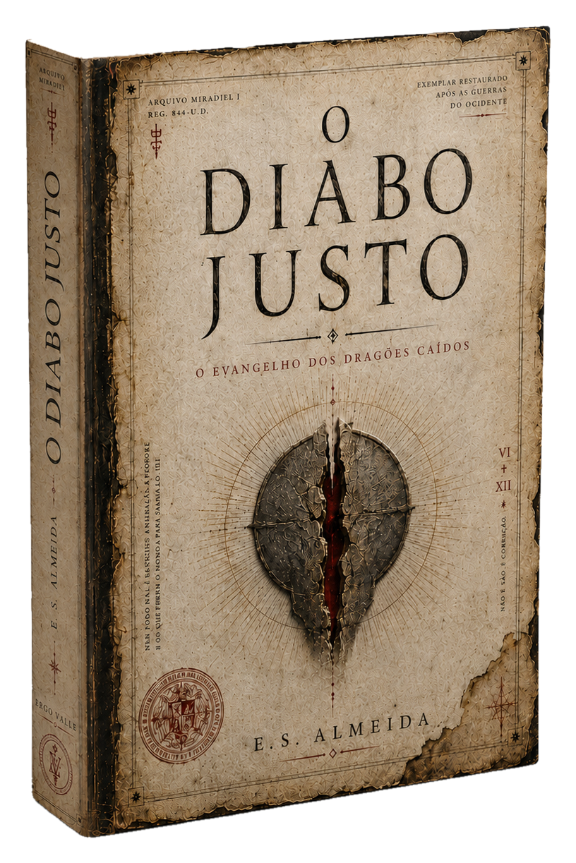 Mockup 3D realista de O Diabo Justo com capa, lombada e espessura do livro